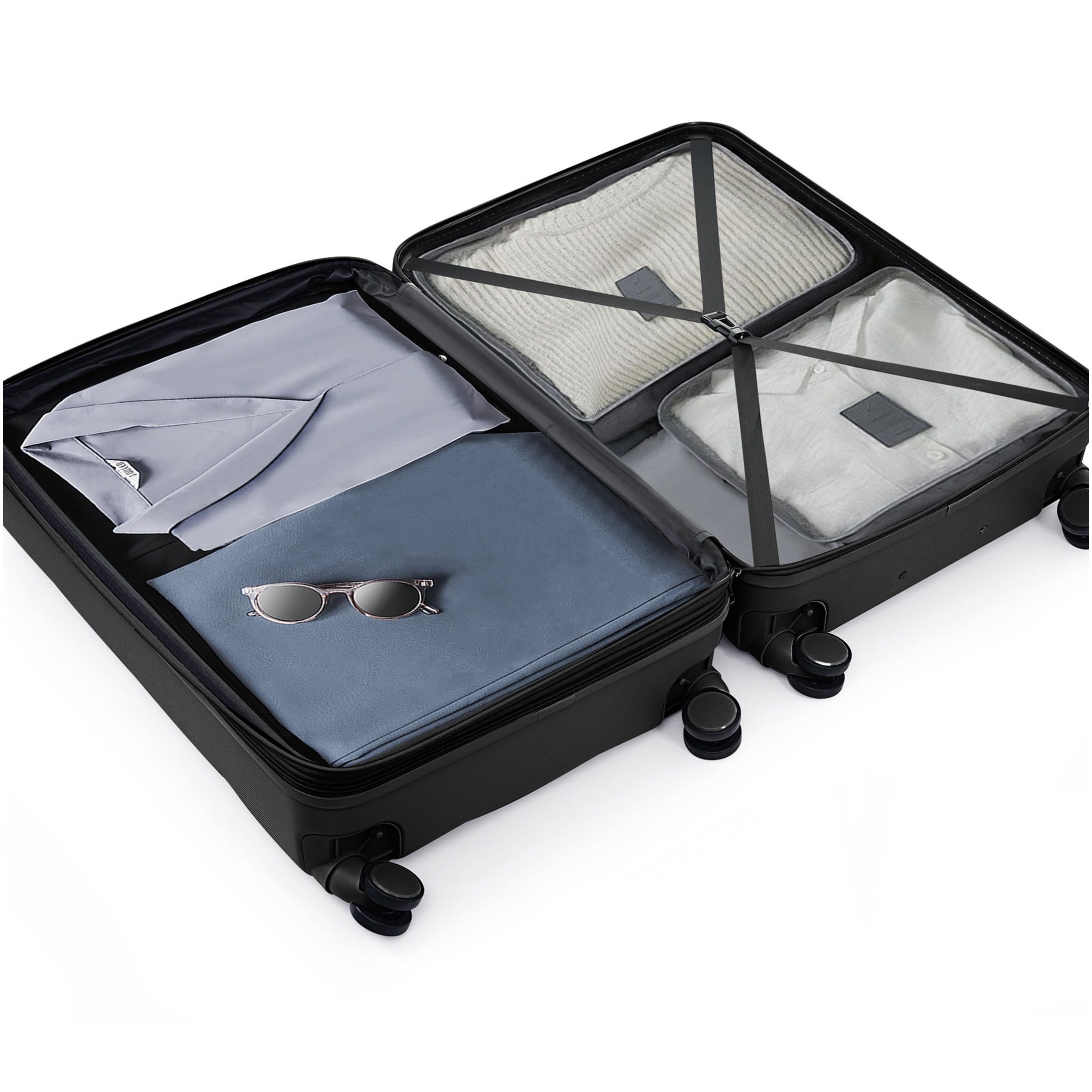 Black 3-Piece ABS Hard Shell Luggage Set with Cup Holder, 360° Spinner Wheels, Airline Approved Carry-On Suitcase
