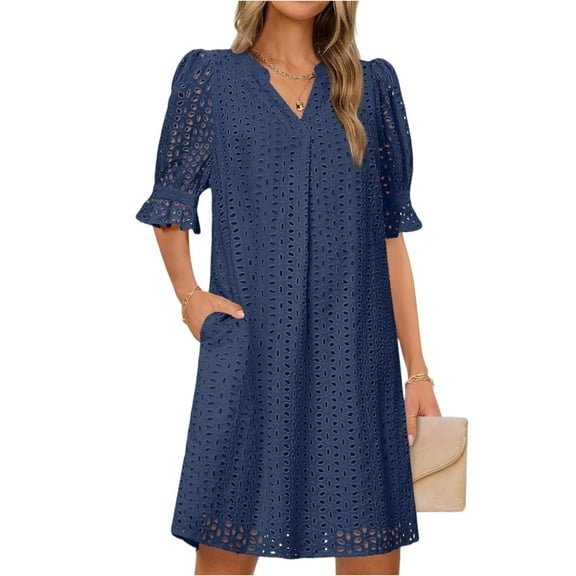 UoCefik Women's 2025 Summer Short Sleeve Mini Dress V Neck Ruffle Hollow Out Eyelet Lace Dresses Navy S