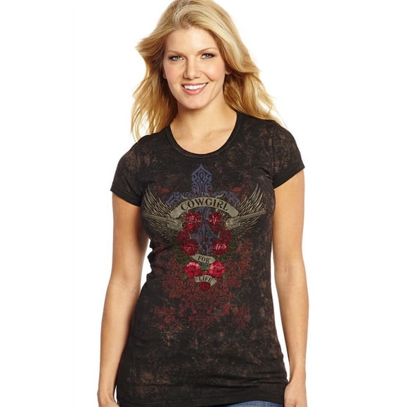 Cowgirl Up Womens Vintage Black 100% Cotton For Life V-Neck T-shirt S/S L