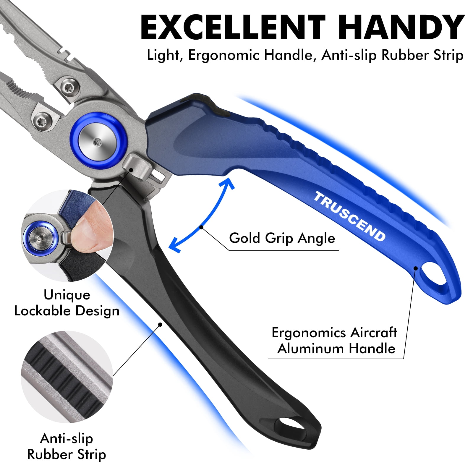 TRUSCEND Lockable Fishing Pliers with High Tungsten Cutter, Innovative Ergonomic Handy Handle, Saltwater Corrosion Resistant Teflon Coated Fishing Tool, Super Light Multi-Function Fishing Gifts