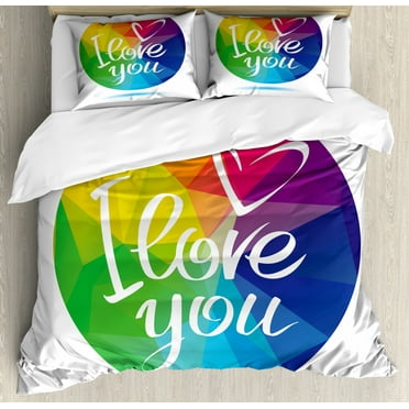 Pride Duvet Cover Set King Size, Rounded Polygonal Rainbow Colored Framework with I Love You Calligraphic Design, Decorative 3 Piece Bedding Set with 2 Pillow Shams, Multicolor, by Ambesonne