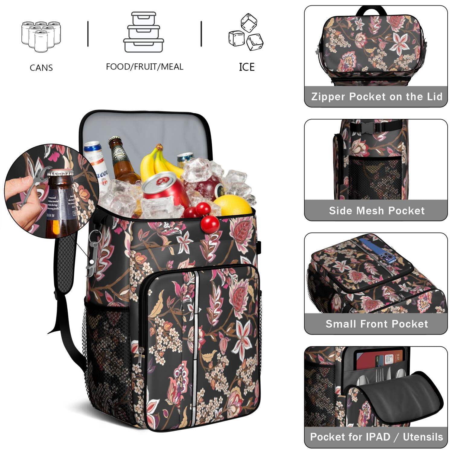 Travel Cooler Bag - Pioneer Flower Floral Print Pattern Camping Beer Cooler Backpack with Bottle Opener- Waterproof Insulated Picnic Backpacks - Cooler Bag for Beach
