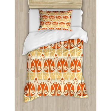 Art Nouveau Twin Size Duvet Cover Set, Abstract Symmetric Overlap Mushroom Stems Plants Summer Pattern, Decorative 2 Piece Bedding Set with 1 Pillow Sham, Orange Mustard Yellow, by Ambesonne