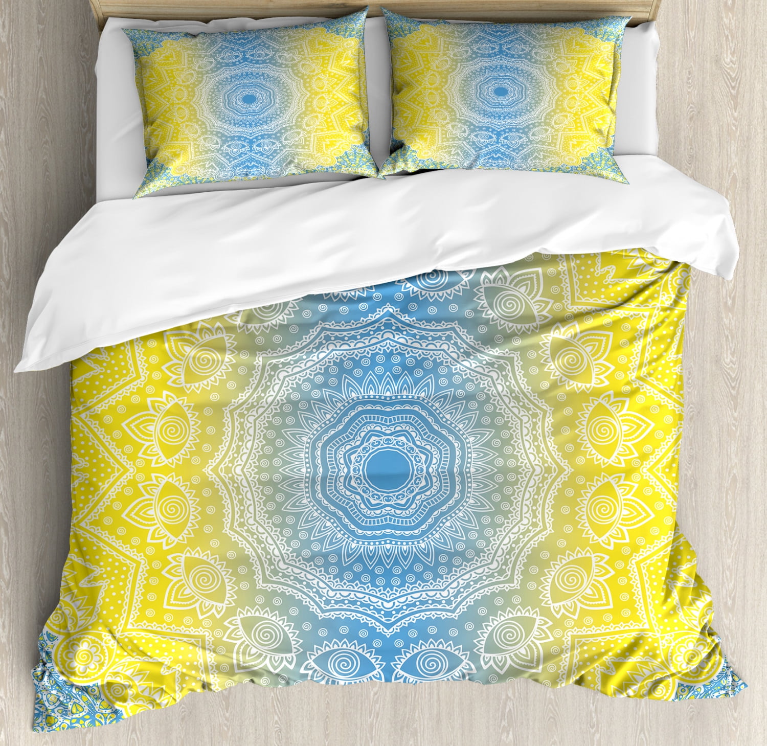 Blue and Yellow Duvet Cover Set King Size, Ombre Mandala Design Tribal