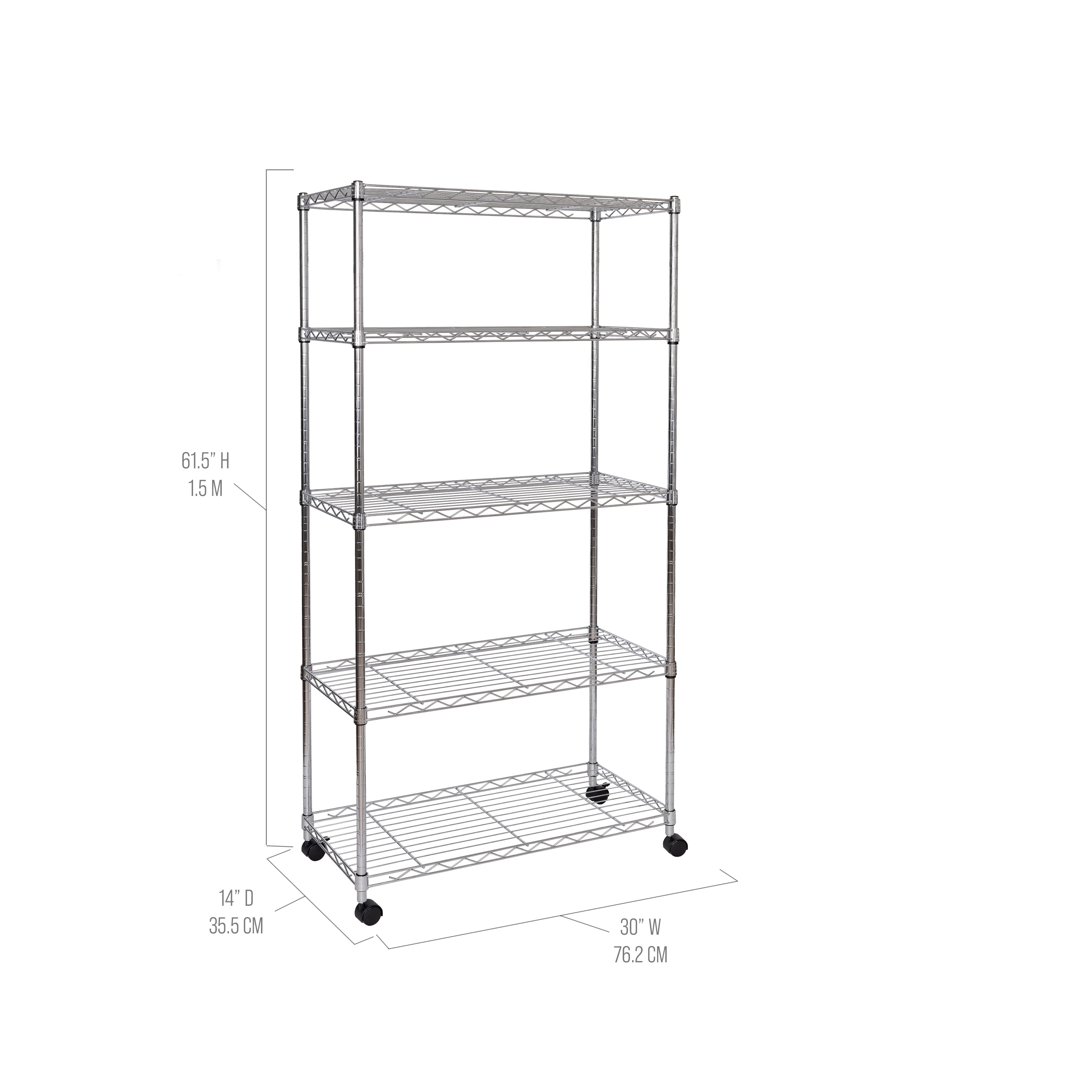 Seville Classics 5-Tier Steel Wire Shelving with Wheels, 30" W x 14" D x 60" H, Chrome Plated