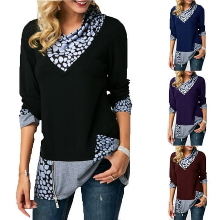 - 2018 Women's Fashion Plus Size Long Sleeve Print Cowl Neck Zipper Detail Casual Tunic T Shirt
