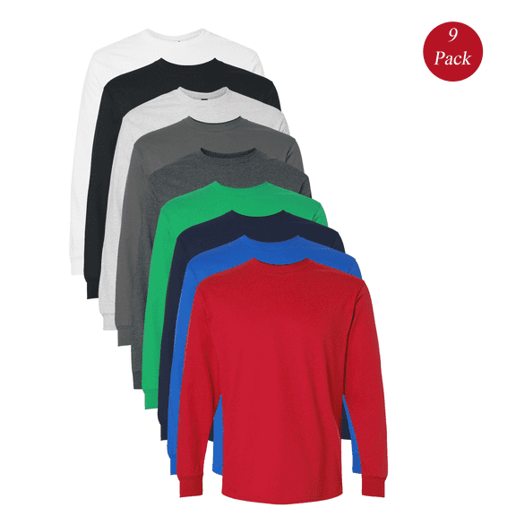 Gildan Men’s Ultra Cotton Long Sleeve T-Shirt, Crew Neck Classic Fit Assorted Color Tee, 9-Pack, L