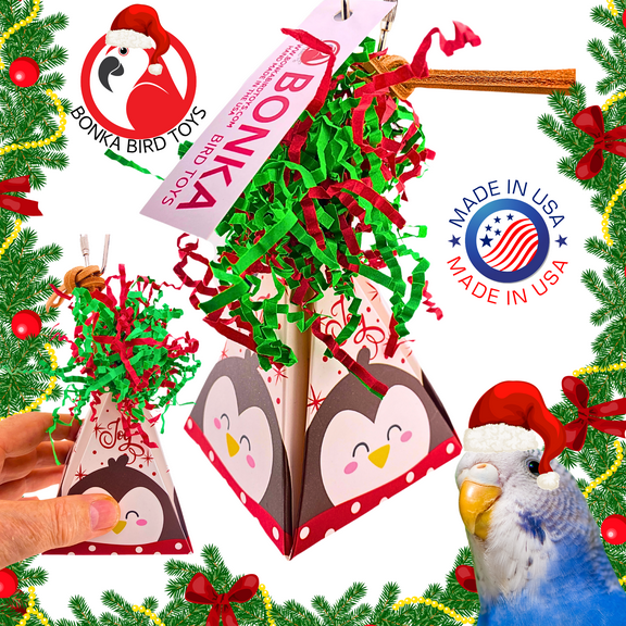 Bonka Bird Toys 2745 Penguin Christmas Crinkle Cone Foraging Festive Treat Pet