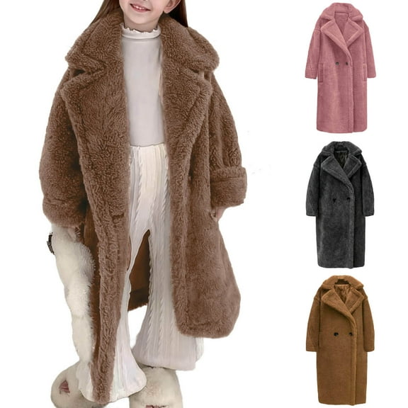 Girls Faux Fur Teddy Long Coat Kids Winter Sherpa Fleece Jacket Plush Fuzzy Overcoat One Button Warm Outwear with Pocket