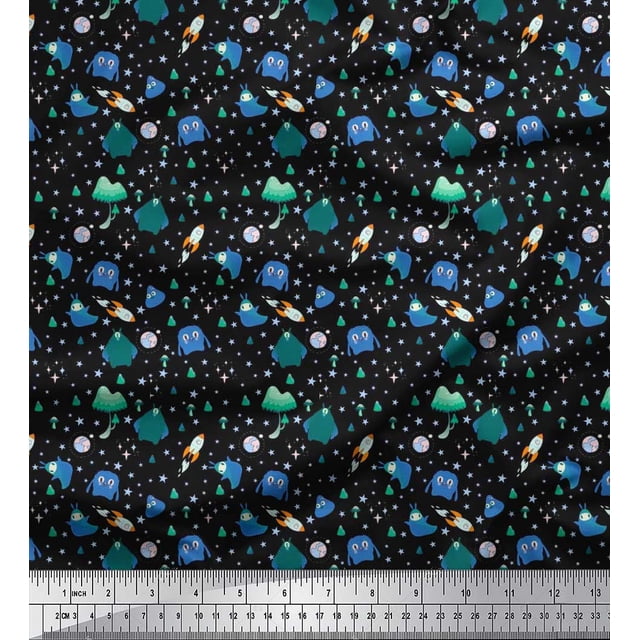 Soimoi Polyester Crepe Fabric Star,Planet & Alien Cartoon Print Fabric by The Yard 42 Inch Wide