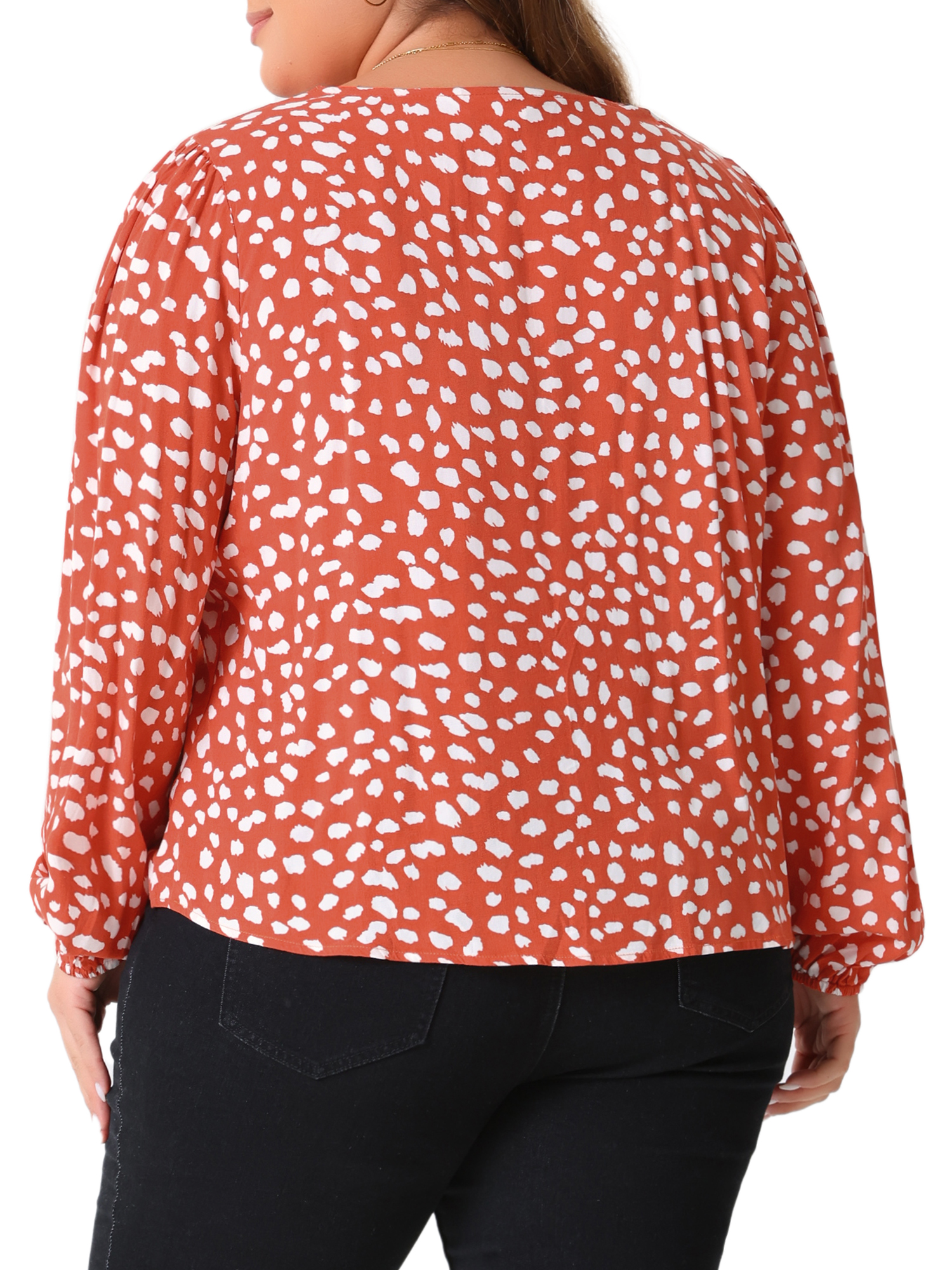 DARING DIVA Women's Plus Polka Dot V Neck Long Sleeve Blouse 4X Orange
