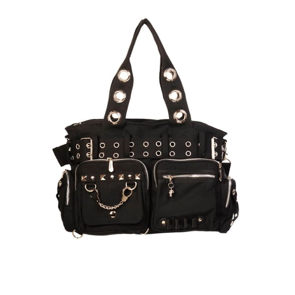 Lost Queen Goth Punk Rock Black Handbag with Handcuff Skull Charm