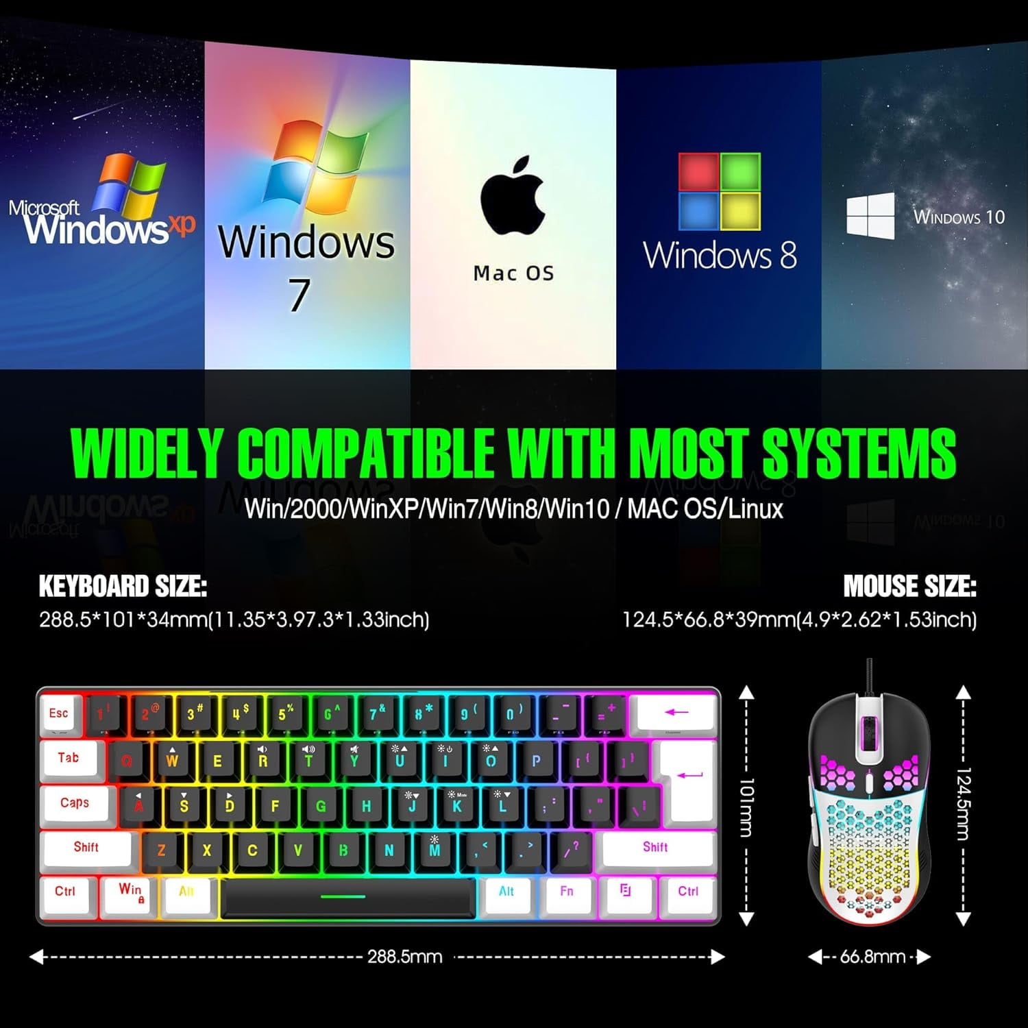 7KEYS Wired RGB Gaming Keyboard and Mouse Combo,  61 Keys true RGB 14 Mode of Backlight, 3200 DPI Gaming Mouse, Mini Keyboard with Membrane Switch Comfort Use for PC Computer Laptop