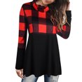 thumbnail image 1 of Top de cuello alto para mujer con dobladillo suelto camisa de manga larga con cuello redondo decoración de costuras a cuadros rojo XXL, 1 of 6