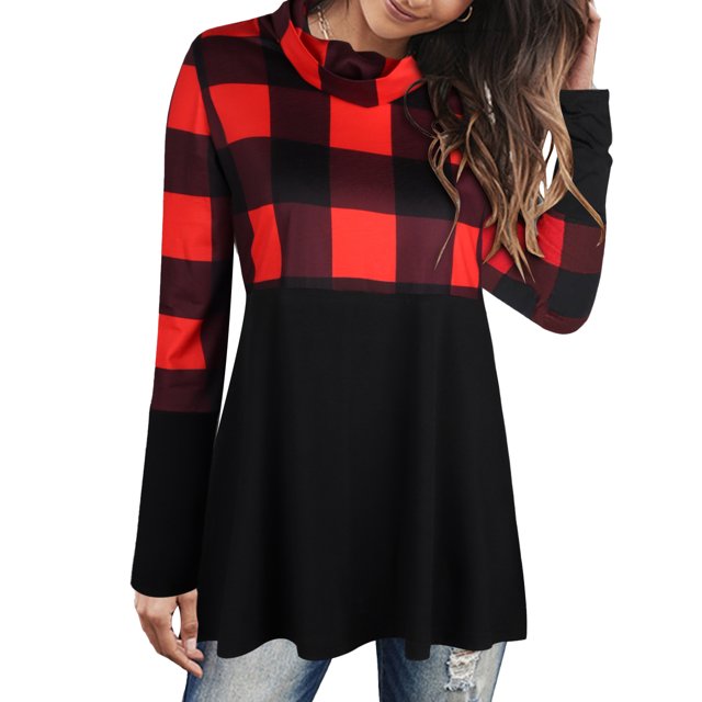 Top de cuello alto para mujer con dobladillo suelto camisa de manga larga con cuello redondo decoración de costuras a cuadros rojo XXL