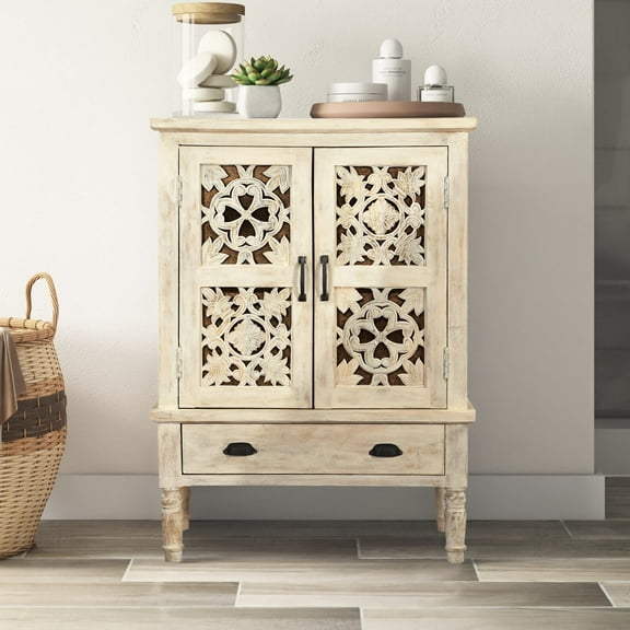 Farmhouse Style Lattice Carved 32" Wide Cabinet | Distressed White Solid Wood Chest | 2 Doors Drawers Entryway Table | Boho Storage Cabinet
