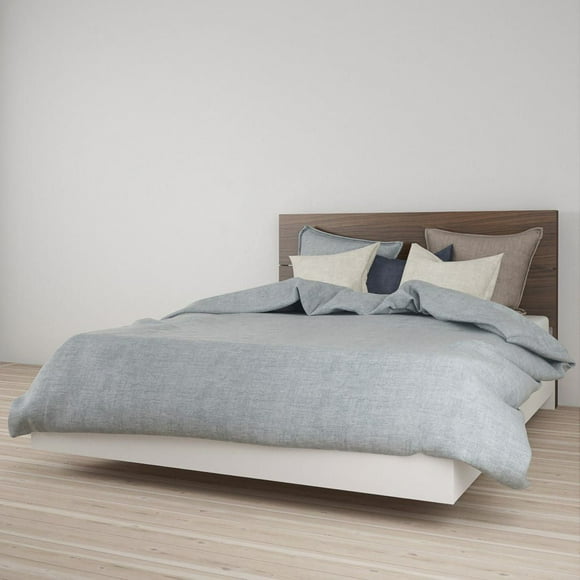 Nexera Celebri-T Platform Bed and Plank Effect Headboard, White and Walnut