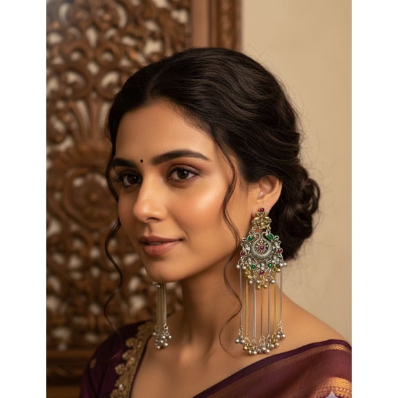 Silver Gold Indian Kashmiri Earrings for Women Trendy Silver Dual Tone Oxidized Long Lighweight Boho Statement Dangle Jhumka Multi Earrings Jewelry Valentines Gift
