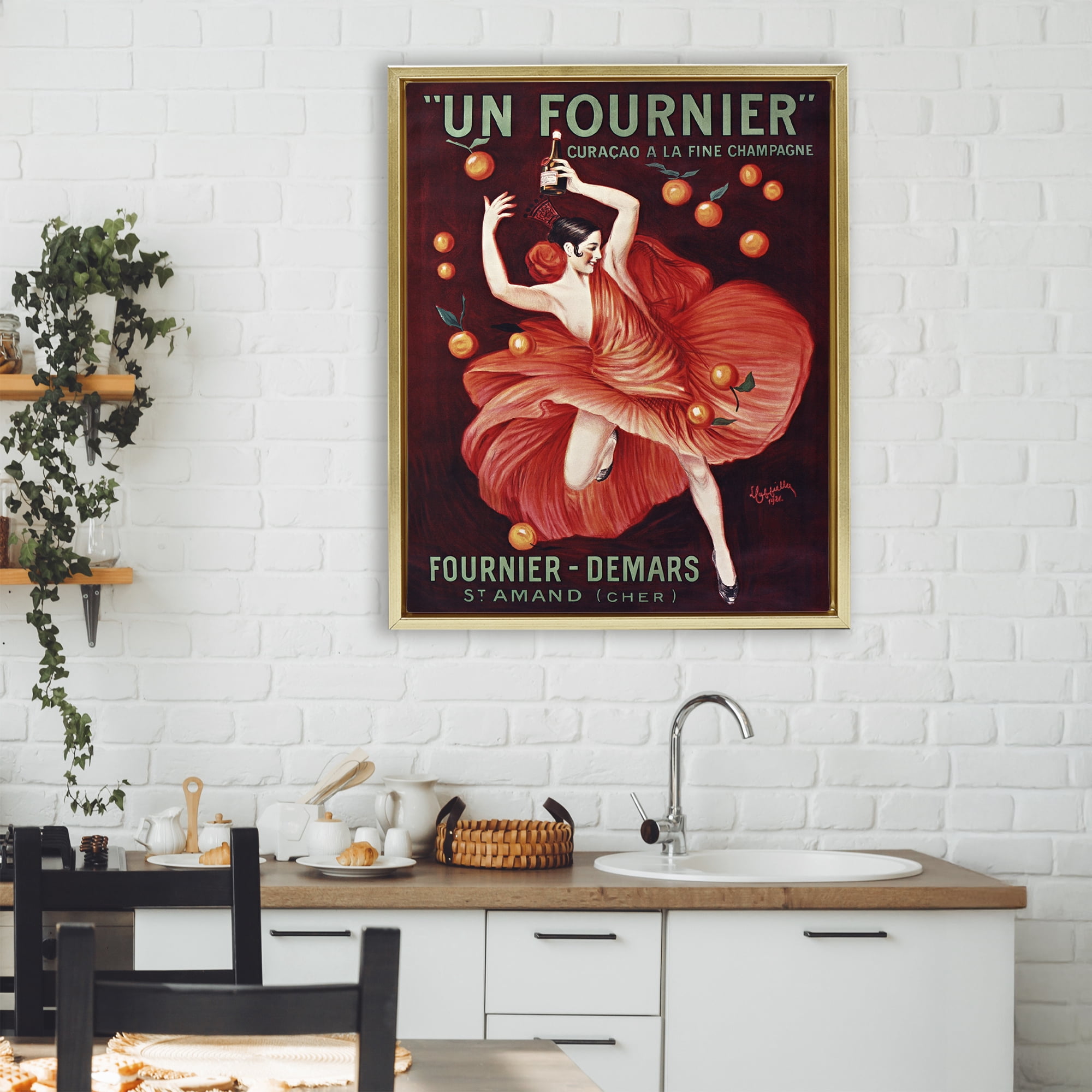 Stupell Industries Vintage Champagne Dancer in Red Gold Framed Floater Canvas Wall Art, design by Leonetto Cappiello
