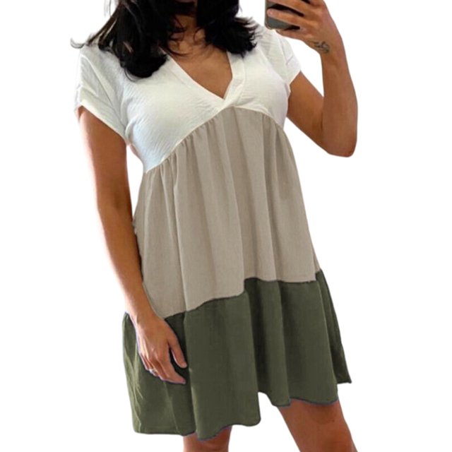 MAWCLOS Robes Mini pour Femmes Couleur Unie Robe T-Shirt Manches Courtes Robe d'Été Décontractée Col en V Kaki + Vert Armée TG