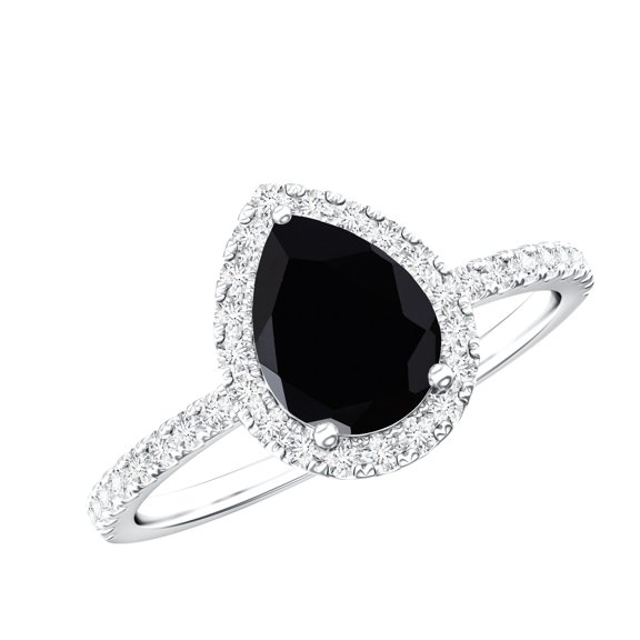 Rosec Jewels Black Onyx Teardrop Engagement Ring with Halo - Black Onyx Diamond Ring (6X8 mm Pear Onyx, AAA Quality Certified), 925 Sterling Silver, US 4.00