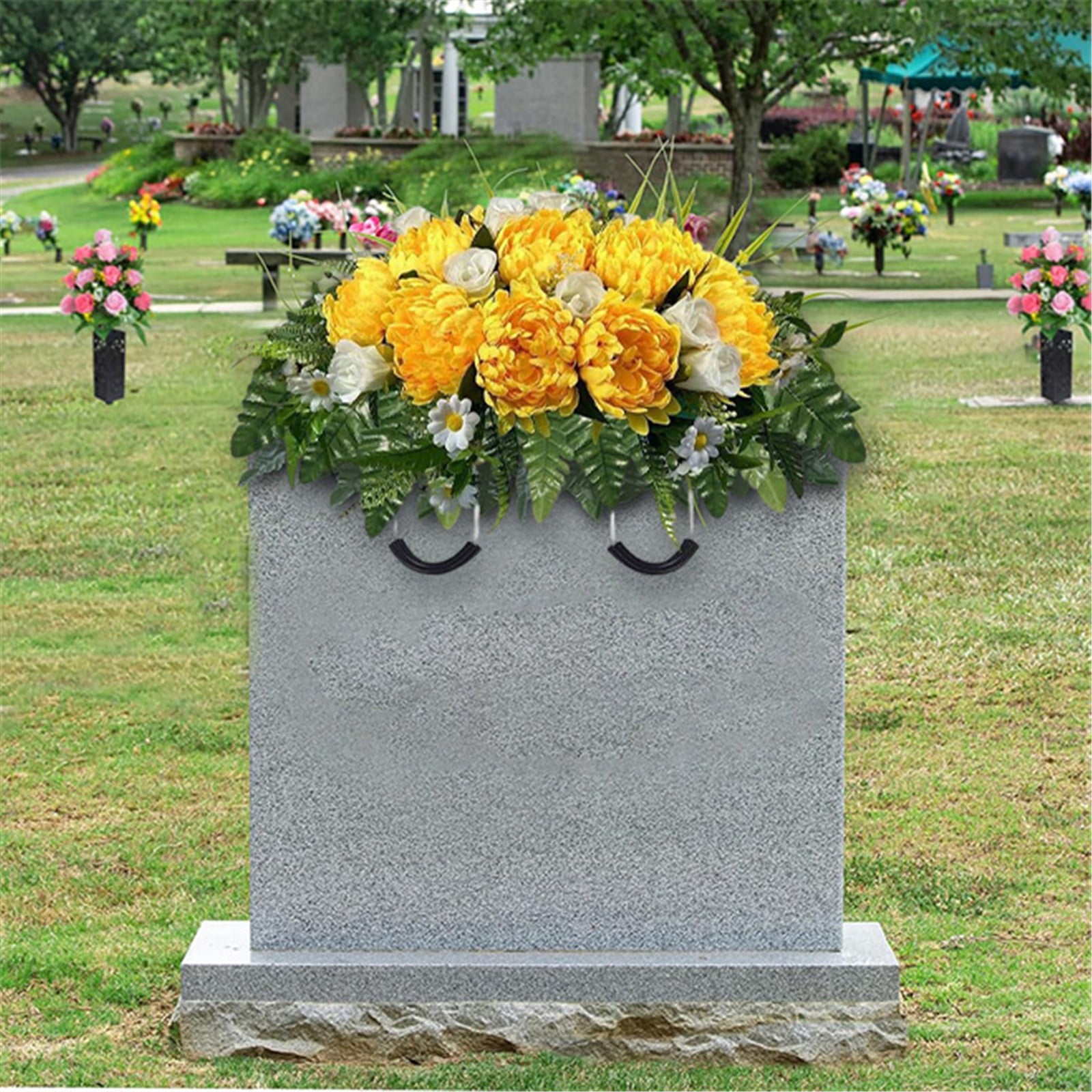 Headstone Flowers – Artificial Cemetery Flowers for Grave, Artificial Roses and Chrysanthemums Mixed - Easy to Install Cemetery Flowers for Grave Saddle, Blue,.Red and White