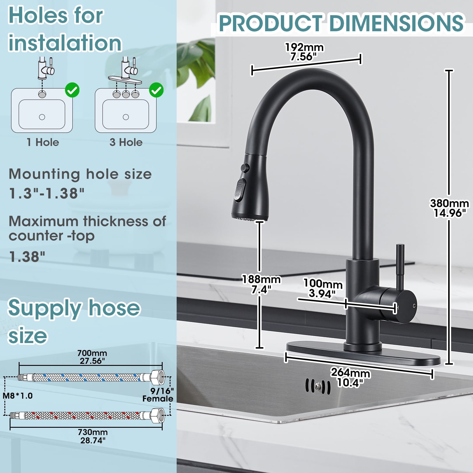 Wowkk Sanitary Ware Kitchen Sink Faucet with Pull Down Sprayer, Single Handle SUS304 Stainless Steel Kitchen Faucets with Deck Plate to Cover 1 or 3 Holes for Bar, Laundry, Matte Black