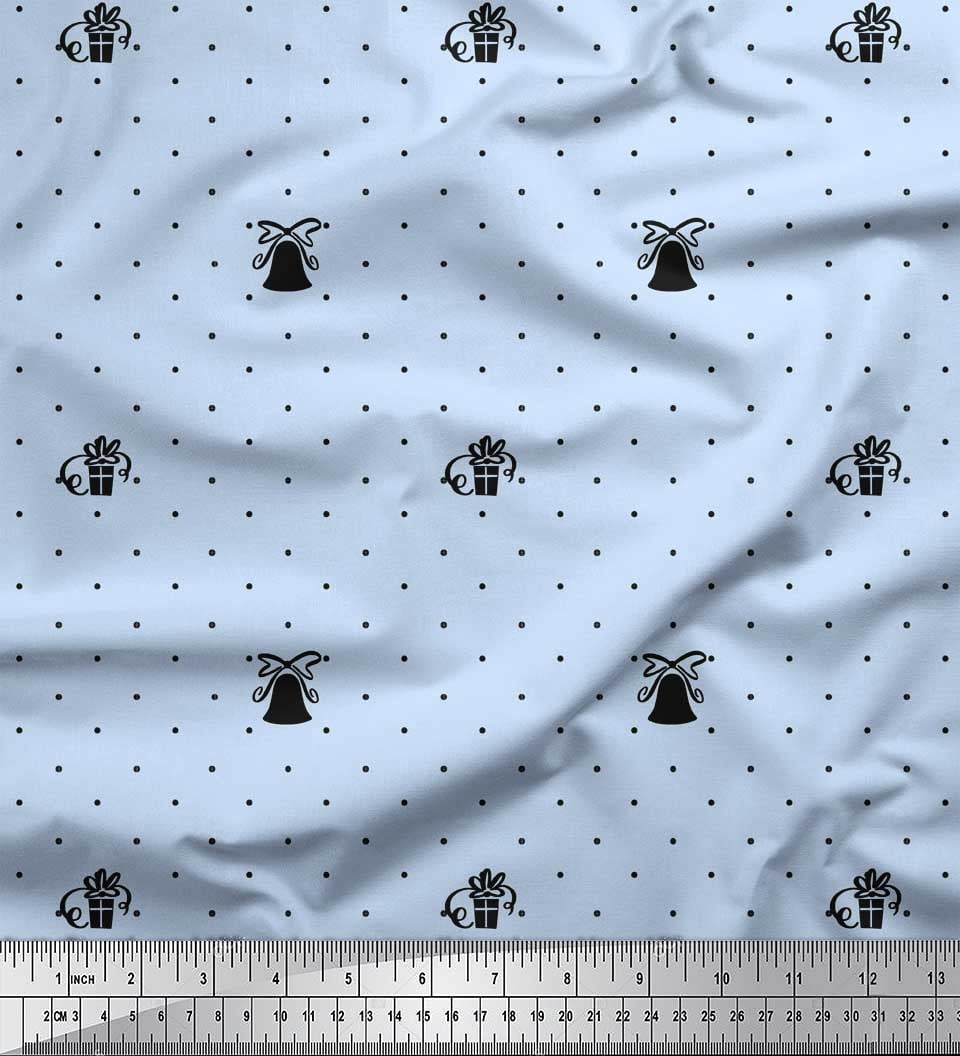 Soimoi Blue Modal Satin Fabric Gift Box & Bell Dots Print Fabric by the ...