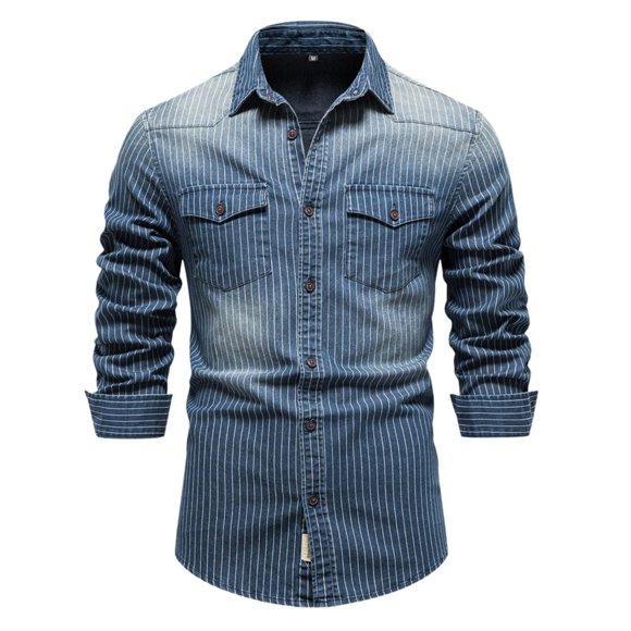 Outfmvch Long Sleeve Shirts for Men Washed Classic Stripe Jeans Denim Shirt Long Sleeve Shirt Womens Tops Navy