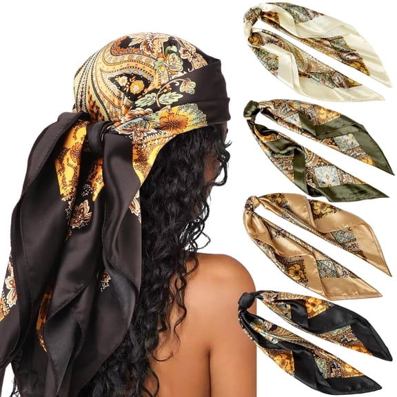 CAILDANL 35” Large Square Satin Head Scarf - 4Pcs Silk Accessories Classic Patterned Squares Beach Bandanas for Women