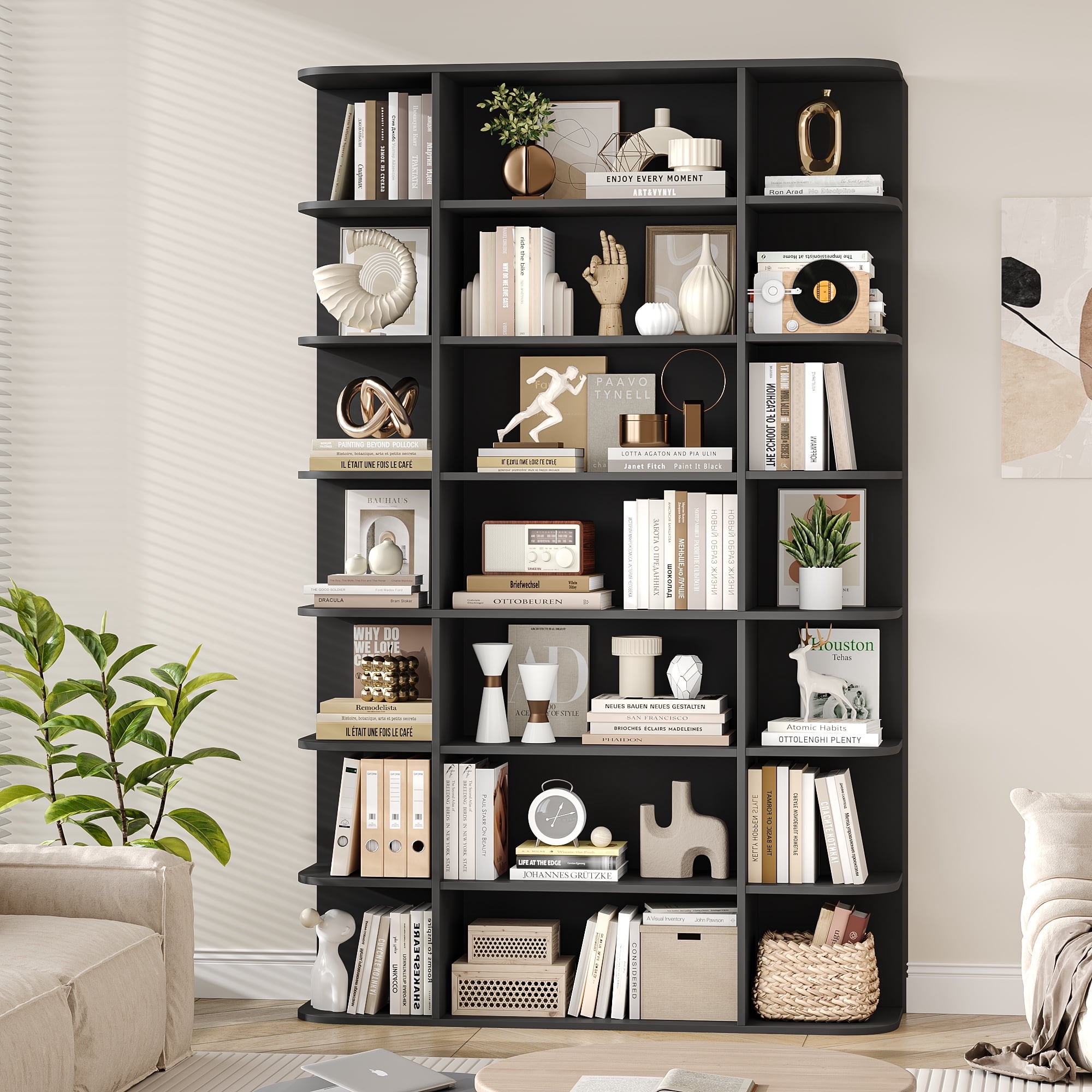 Homfa 7-Tier Triple Wide Bookcase, 84.6" Tall Bookshelf with Curved Display Shelves for Living Room Home Office Study, Black
