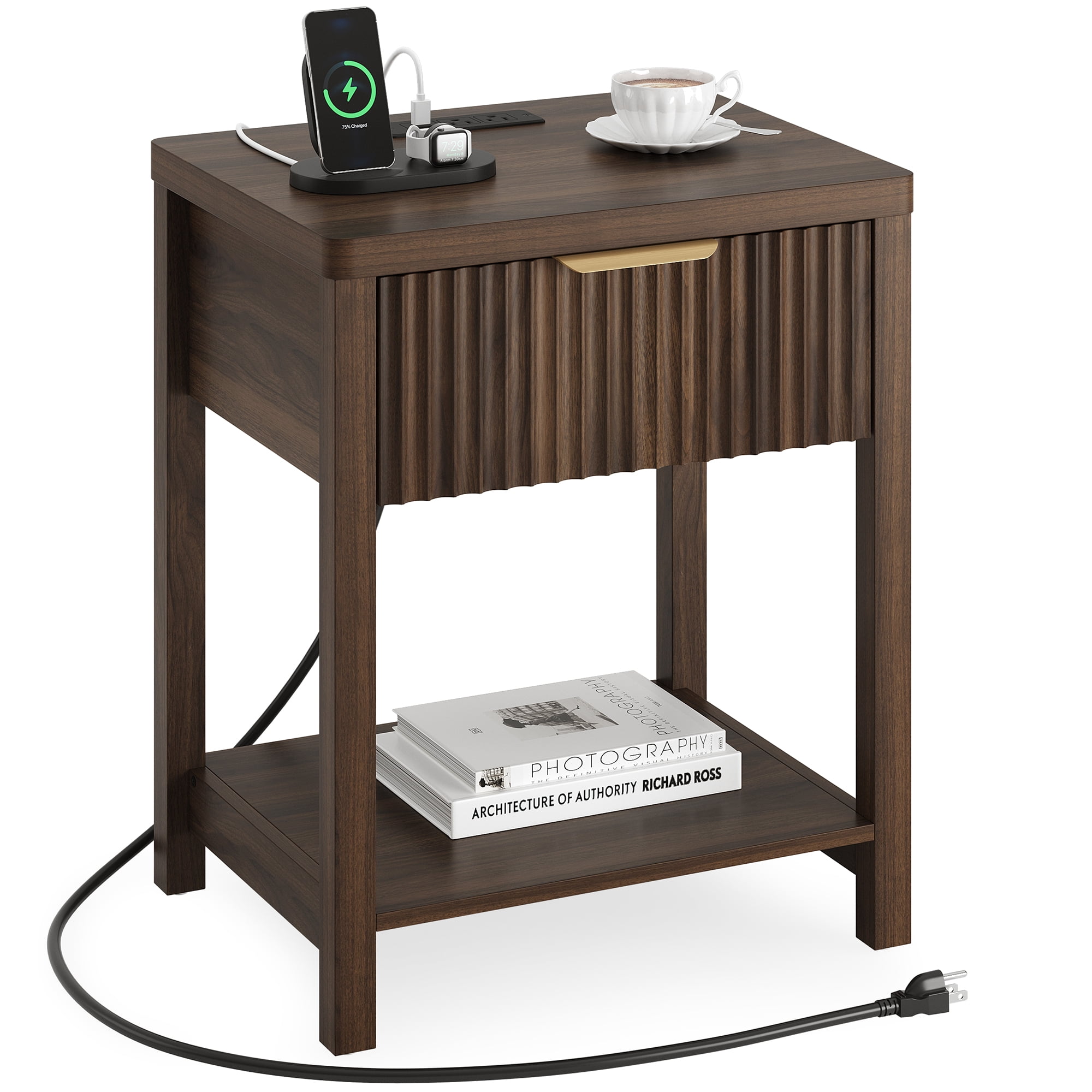 Laintene Fluted Nightstand Set of 2 - Modern Bedside Table with Drawer & Open Shelf, 2 AC Outlets + USB &Type-C for Bedroom & Living Room, Walnut