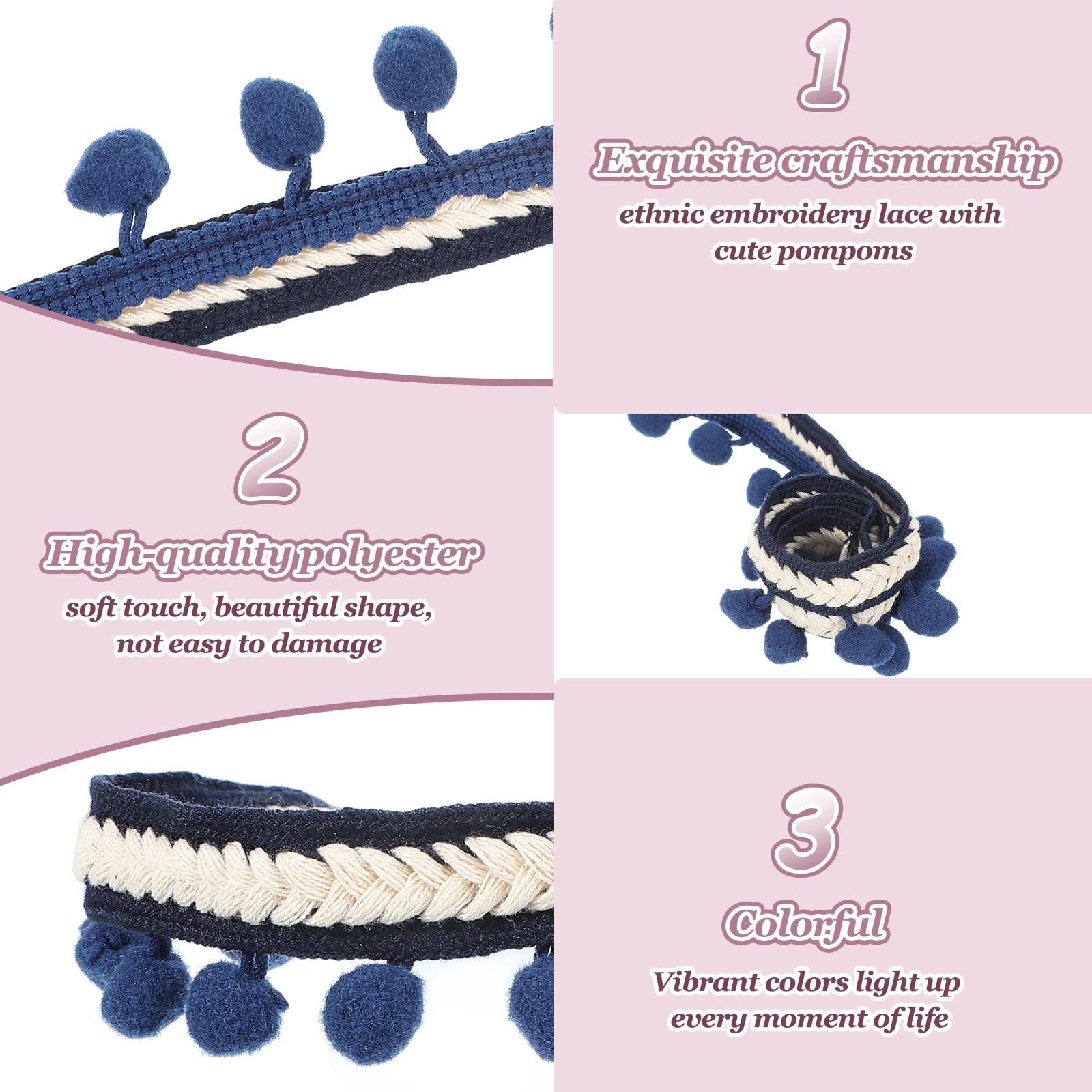 Uxcell 10 Yards Embroidered Pom Pom Ribbon, Fabric Trim Fringe Pom Pom Crafts Tassel Lace for Sewing DIY Clothing Bag Bedding Pillow Curtain Decoration, Dark Blue