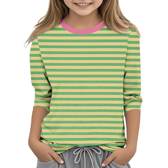 MeetoTime Filles Enfants T-shirt à Manches 3/4 Col Ras du Cou Rayé Imprimé d'Été Décontracté Vêtements pour Enfants 3-12 Ans
