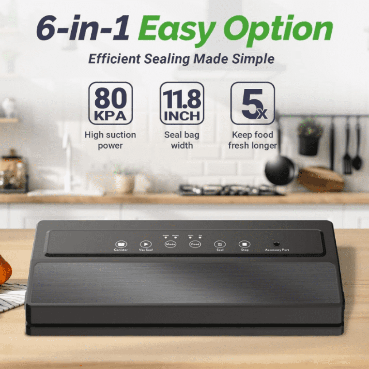 Vacuum Sealer Machine, Food Vacuum Sealer with Powerful Suction | Slim Design | Easy to Use | Led Indicator Lights for Sous Vide, Meal Prep, w/Starter Kits for Vacuum Seal Container (Black）