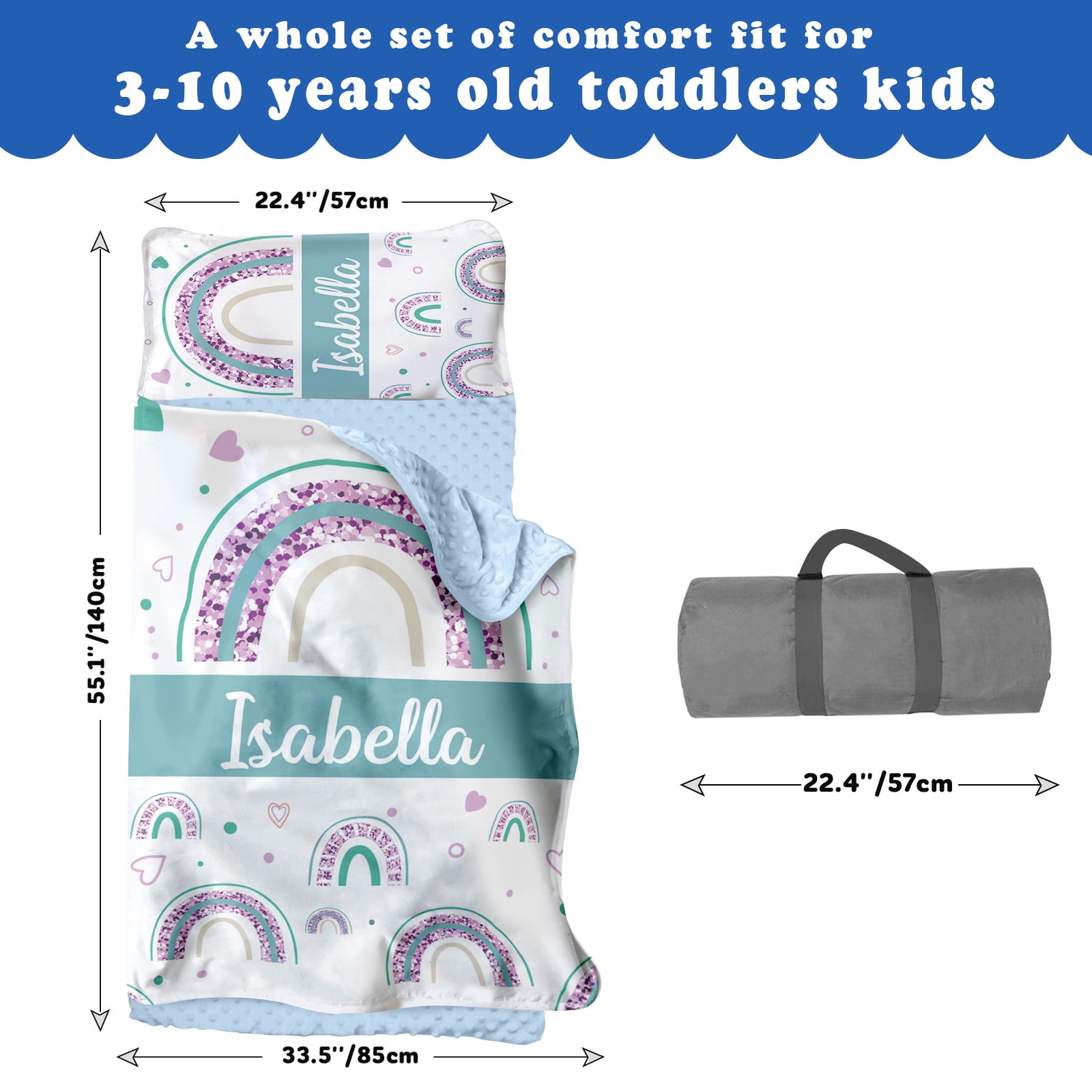 AOLOA Personalized Toddler Nap Mat, Custom Name Kids Sleeping Mat for Daycare Preschool Kindergarten, Blue Rainbow Boys Girls Sleep Bag with Pillow Blanket Set, Portable Nap Sack for Infant Child
