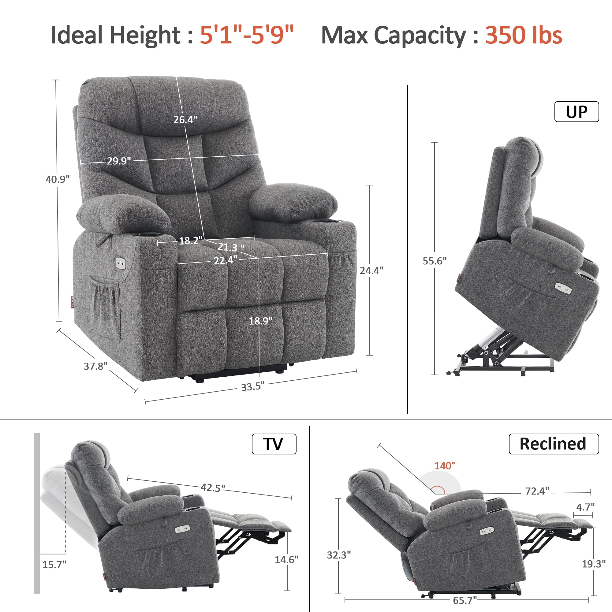 MCombo Regular Power Lift Recliner Chair with Extended Footrest for Elderly People, Fabric 7287 (Dark Gray, Regular)