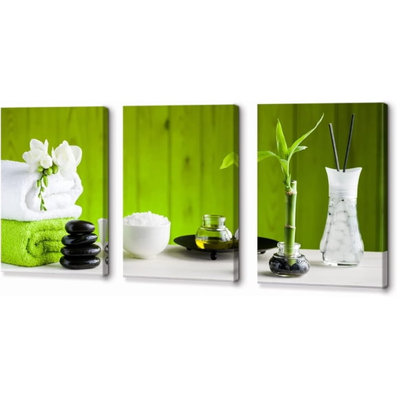 Green Spa Still Life with Bamboo Zen Stone and Zen towel vegetarian rice White Flower Wall Art Painting The Picture Print On Canvas Botanical Pictures for Spa Yoga Room Bathroom 12" x 16" 3 Pieces
