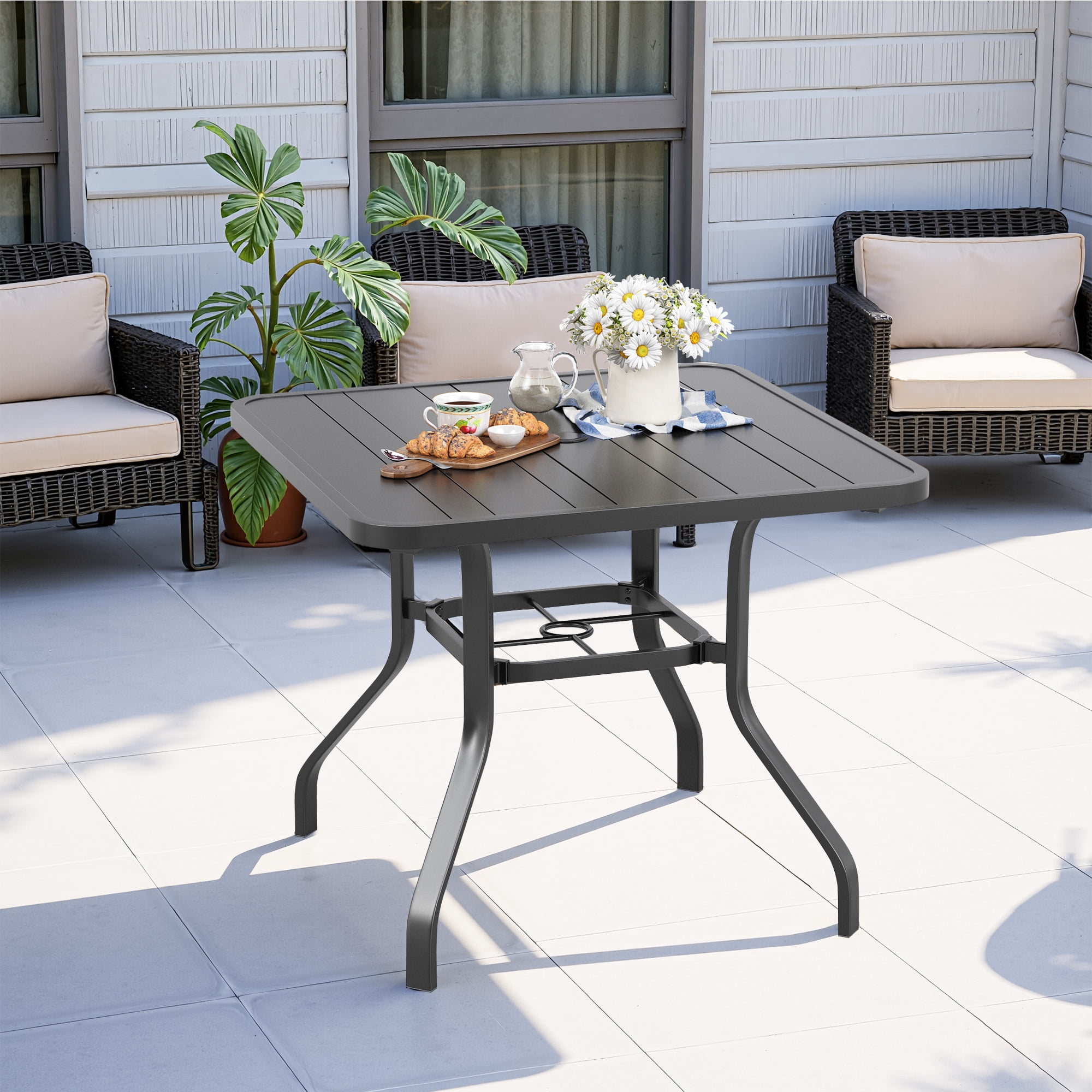 MAYEERTY 35*35"Outdoor Dining Table with 1.57" Umbrella Hole, Weather-Resistant Metal,for Patio,Backyard,Poolside