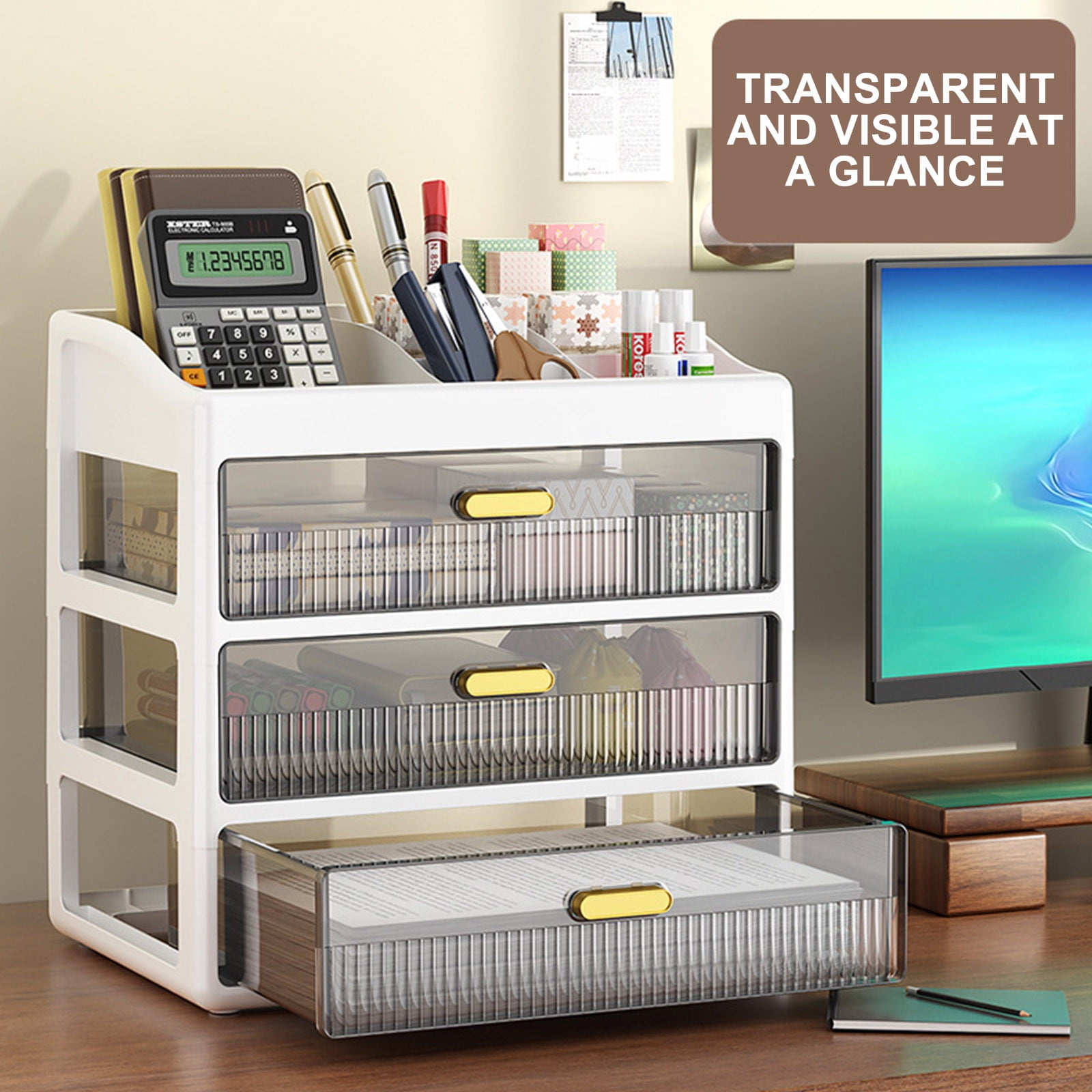 Drawer-Type Desktop Storage Organizer | 3-Tier Office Desk Stationery & Cosmetics Organizer with Transparent Drawers | Plastic Storage Cabinet 21x16x23cm