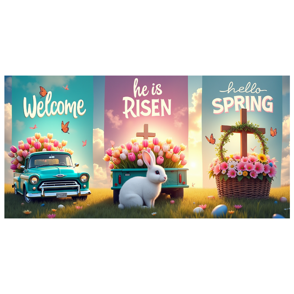 Colorful Spring Themed Banners with Bunny Car Cross and Flower Basket Elements Easter Welcome Hello Spring Background Party Decorations Photography Props Garden Decors