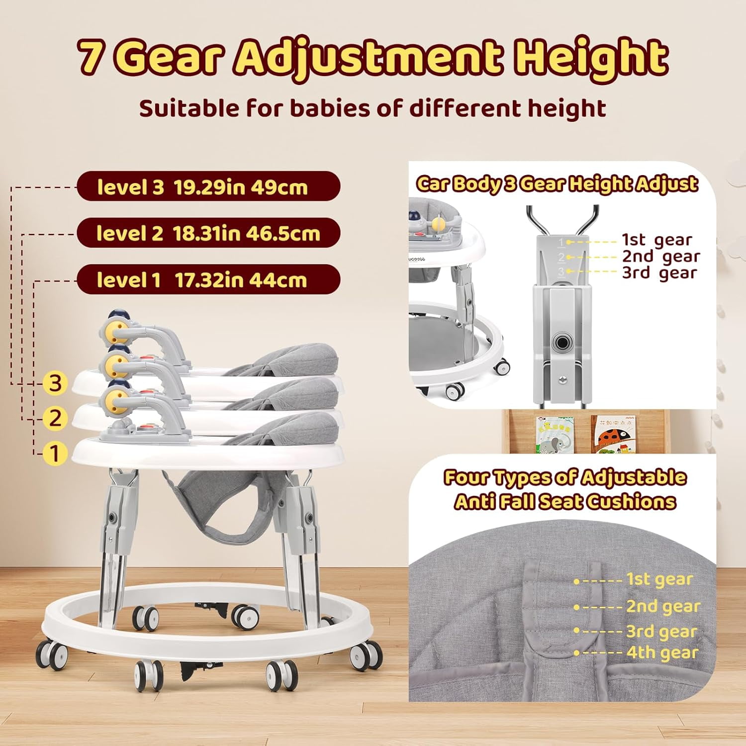 PRVAETU Foldable Baby Walker Activity Center W/ Music Toy,Wheels,Height Adjustable & Foot Pad for 6-18 Months Babies Infant Boys Girls,Grey