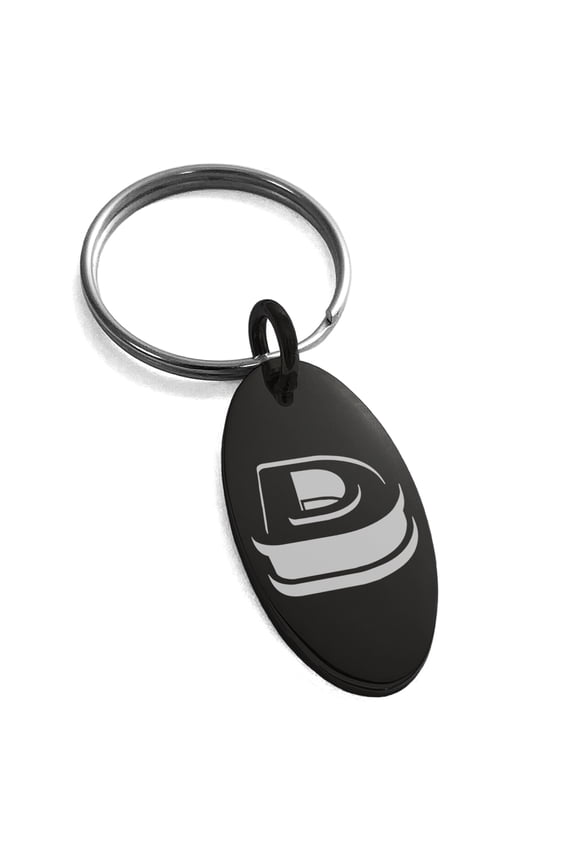 Stainless Steel Letter D Initial 3D Monogram Engraved Small Oval Charm Keychain Keyring