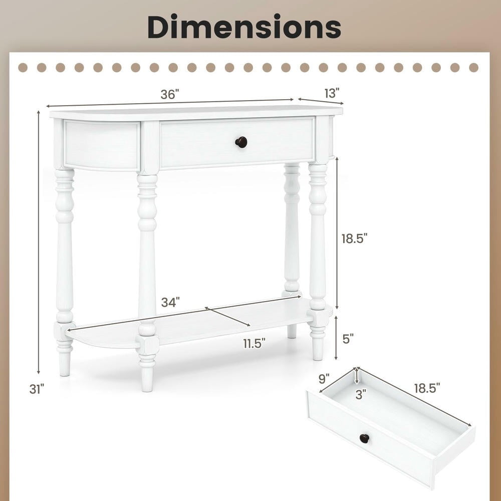 Barara King Retro Console Table with a Handy Drawer, 36"L Wooden 2-Tier Narrow Entryway Table for Hallway, Living Room, White