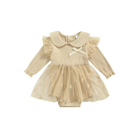 

Amuver Newborn Girl Long Sleeve Romper Pure Color Mesh Patchwork Star Pattern Ribbed Dress Style Playsuit Casual Sweet Bodysuit