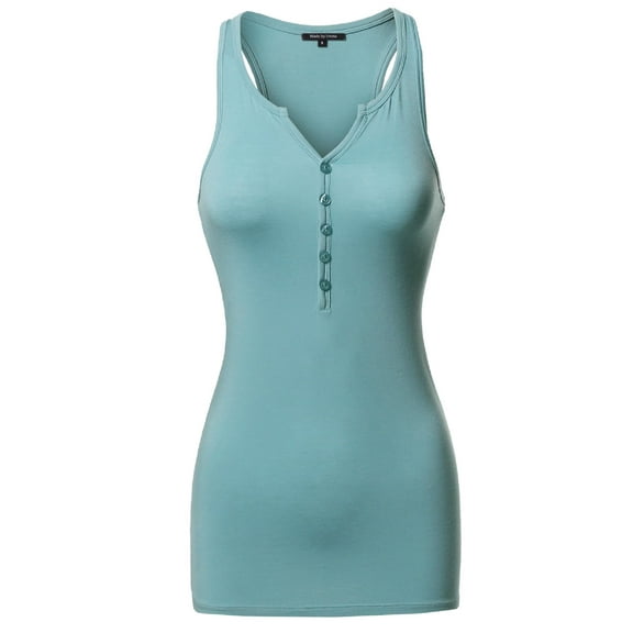 FashionOutfit Women's Basic Solid Y-neckline Button Details Racer-back Tank Top