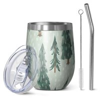 12oz Stemless Wine Tumblers Light Green Christmas Tree Pattern Vacuum Insulated Stainless Steel Travel Tumbler Cups Mug with Lid and Straw for Champaign,Cocktail,Beer with Cleaning Brush