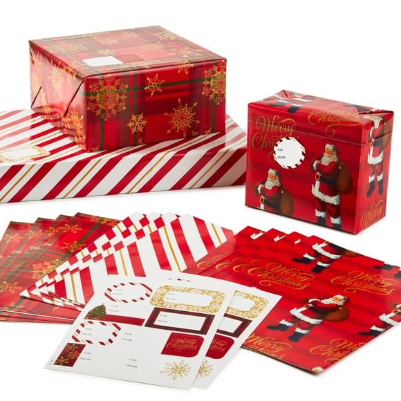 Hallmark Flat Christmas Wrapping Paper Sheets with Cutlines on Reverse and Gift Tag Seals (12 Folded Sheets, 16 Gift Tag Stickers) Red, White and Gold Stripes, Santa Claus, Snowflakes on Plaid