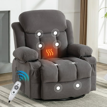 HSUNNS Swivel Rocker Recliner Chair with Heat & Massage, Reclining Velvet Chair for Adults, USB Port, Cup Holders, Storage Pockets, Living Room Gray