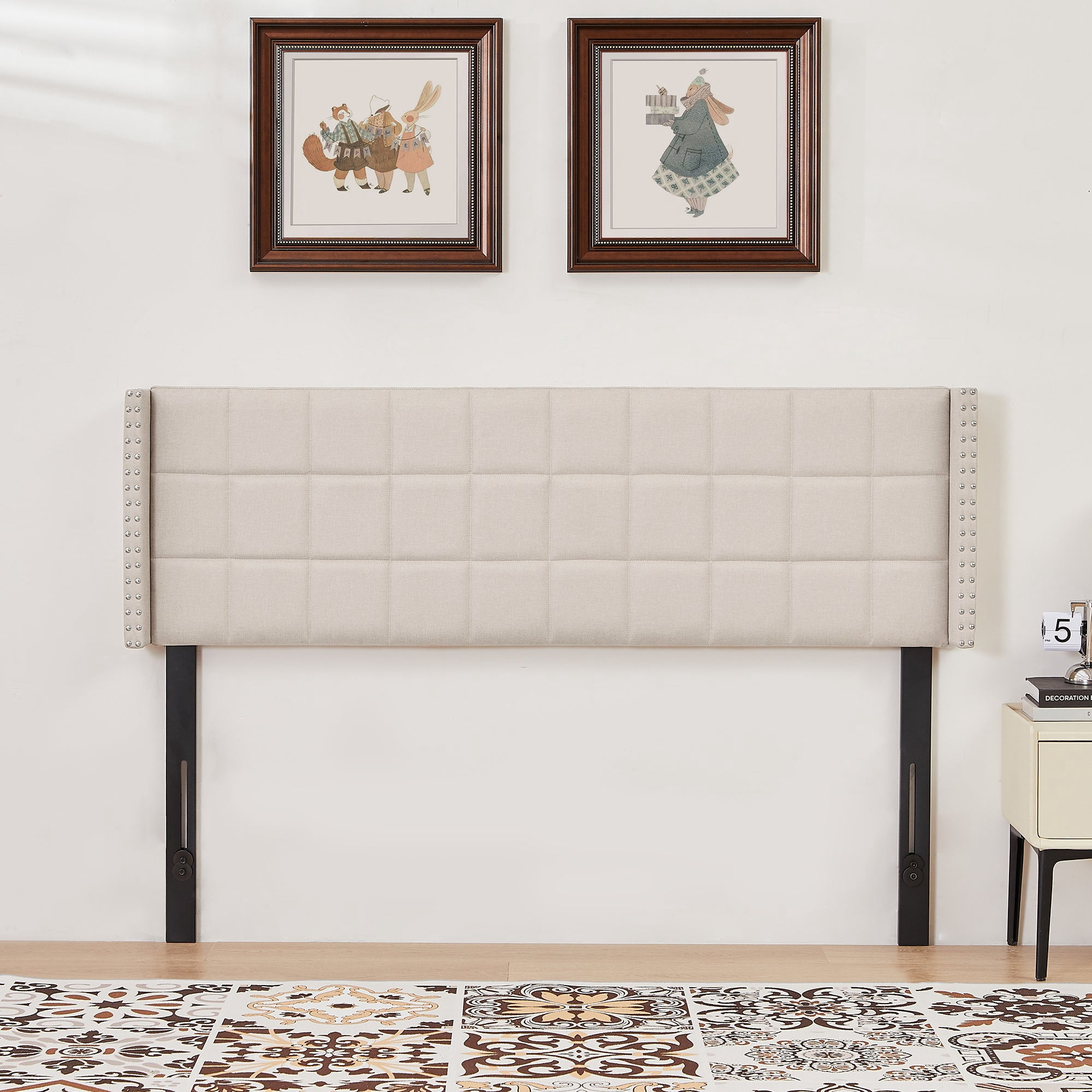 VECELO Queen Size Adjustable Height Upholstered Headboard, Modern Wingback Headboard with Double Nailhead Trimming and Button Tufting for Bedroom, Beige